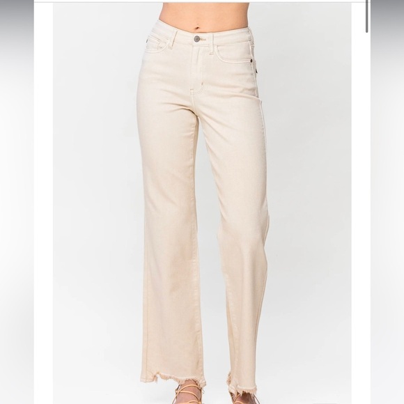 Judy Blue Destroyed Hem Straight Leg Jeans - Light Khaki Size 32 - Picture 1 of 9